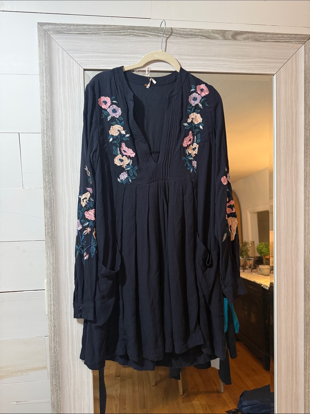 Free People Navy Tunic Dress with Pink & Cream Floral Embroidery